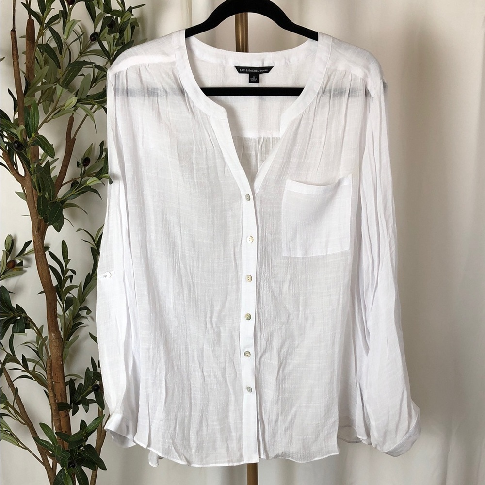 Zac & Rachel White Lightweight Button-Down Blouse Roll Tab Sleeves Sz XXL (T6)